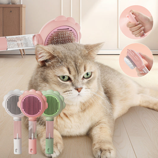 Self cleaning pet grooming brush with spray for dogs and cats